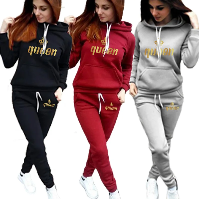 New Fashion Queen's Print Womens Clothes Casual Long Sleeve Hoodie + Pants Sports Suits Autumn/winter Fleece Jogging Suit