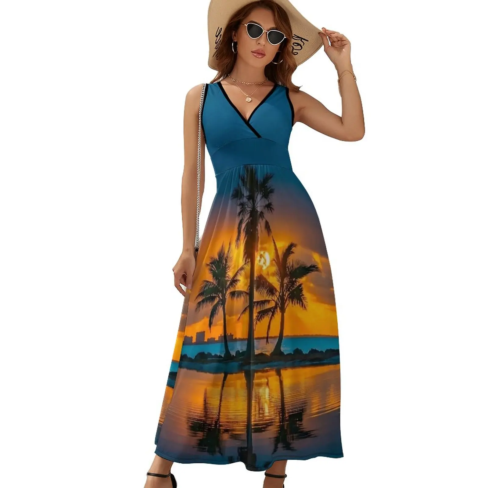 

Женское платье-макси с высокой талией, длинное платье в богемном стиле с принтом пальм и заката, летнее платье с графическим принтом