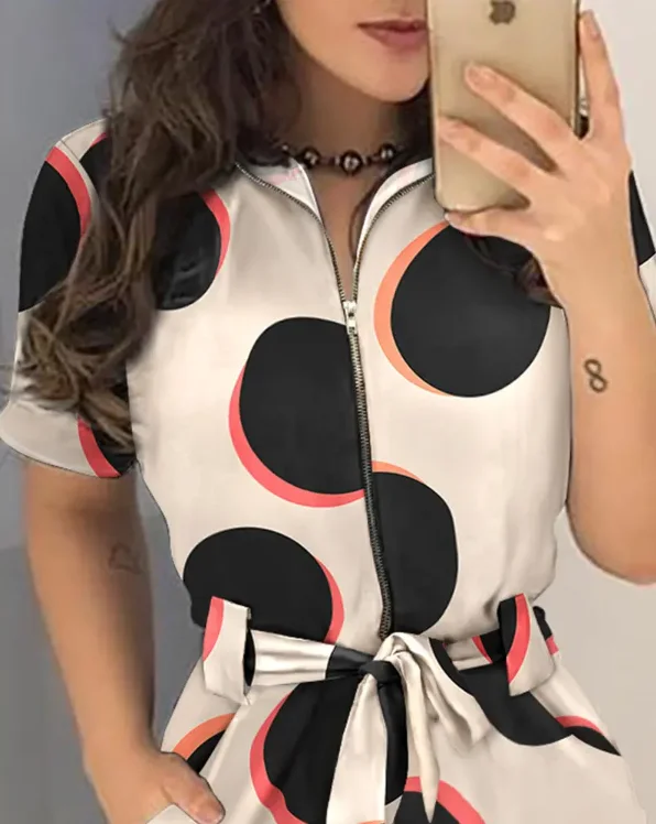 Jumpsuit Women Casual Polka Dot Print Zip Front Belted Romper Women 2022 Summer New Short Sleeve Fashion Pocket Playsuits