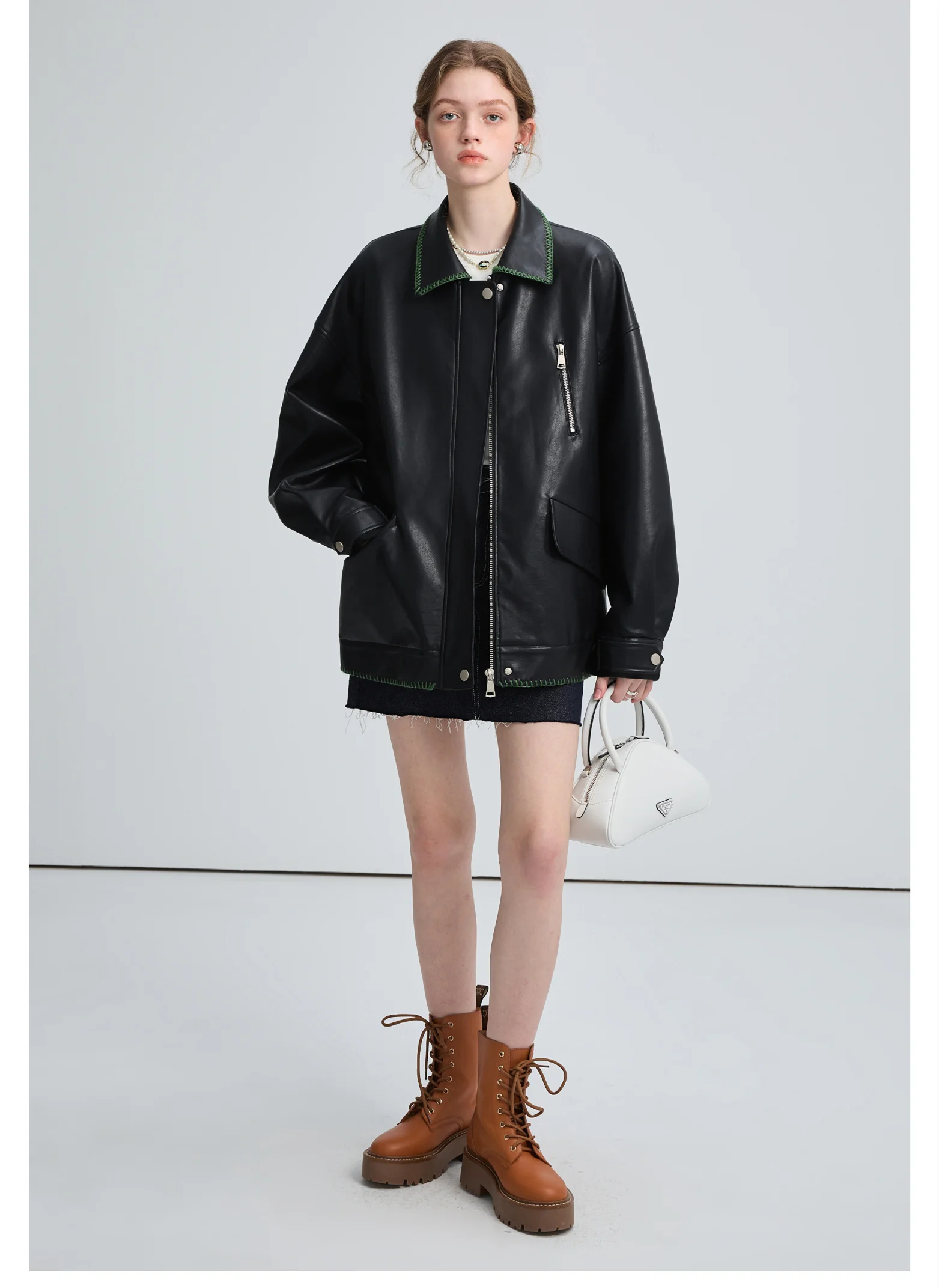 MOLAN Black Woman Leather Jacket Vintage Bomber Oversze Coat Fashion Zipper High Street Female PU Coat Outwear