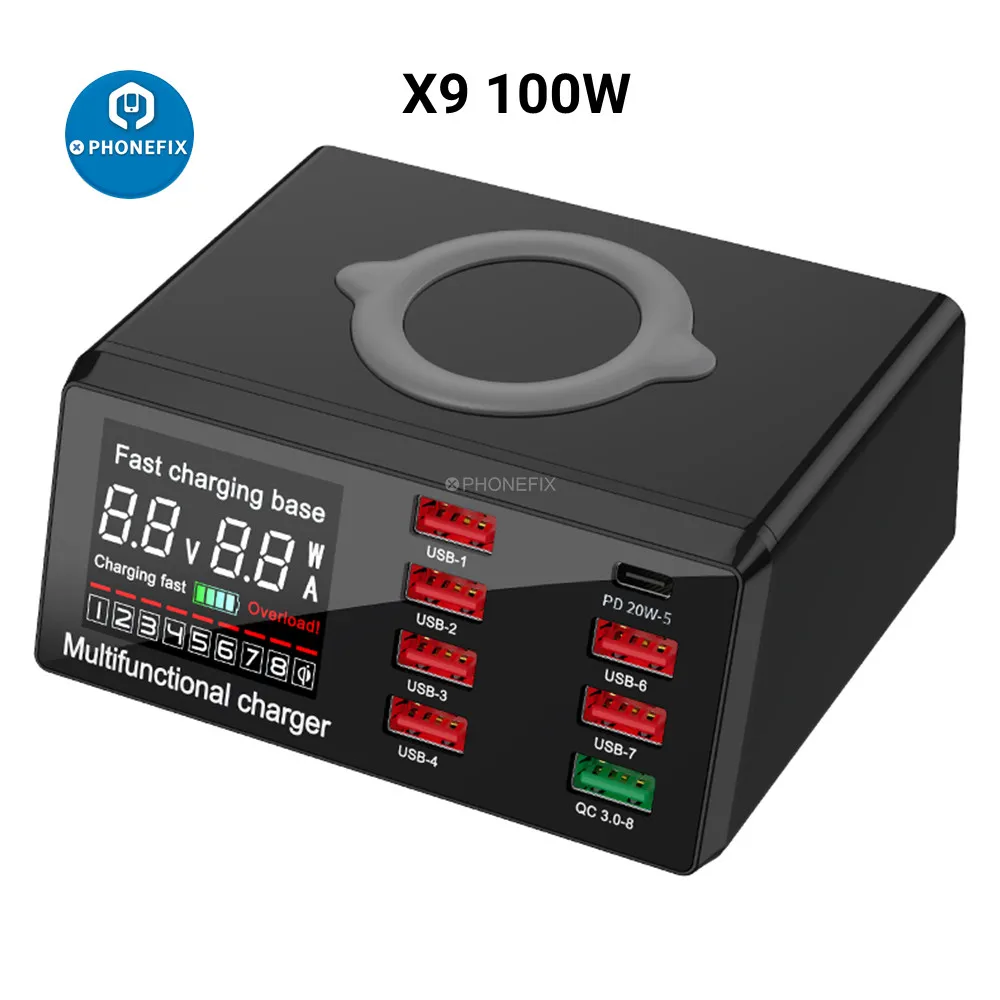 다기능 충전기 MECHANIC V-Power 8Pro USBX9 X9M 110W USB 무선 스마트 LED 디스플레이 빠른 충전 전화 충전 스테이션