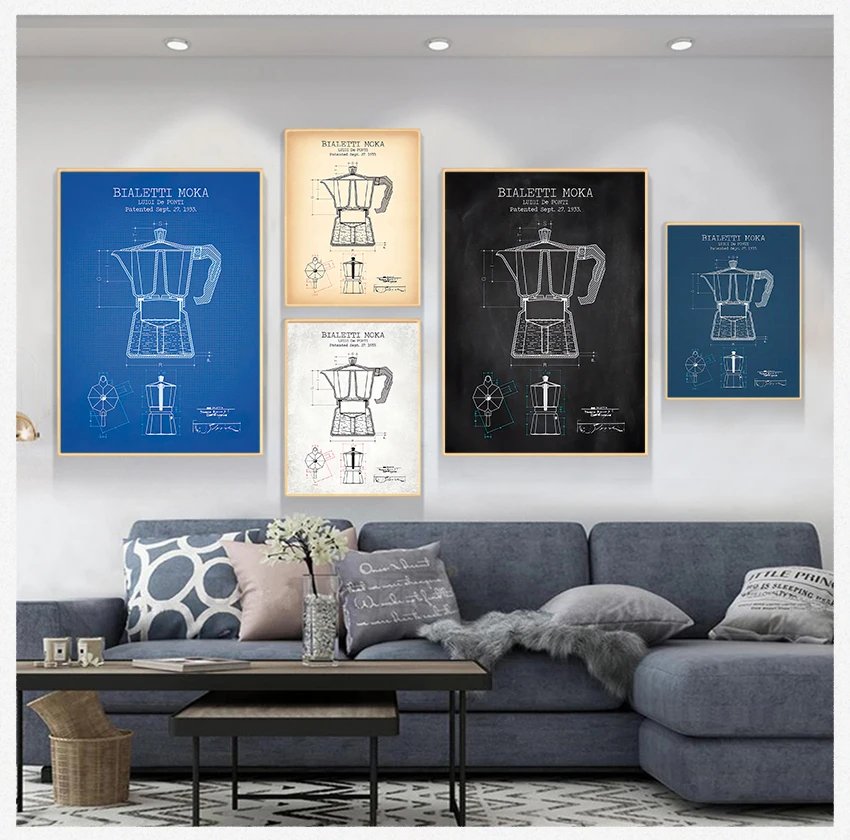 Poster Coffee Blueprint Art Picture Canvas Painting Kitchen Wall Art Decor Caffettiera Poster E Stampe Brevettati Bialetti Moka