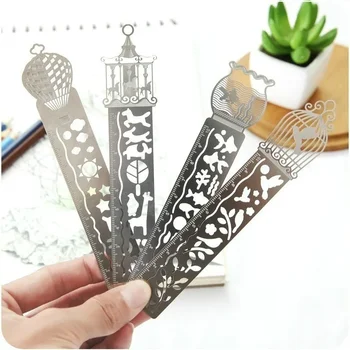 New 2Pcs Ruler Cartoon Pattern Metal Record Daily Templates for Quilting Ruler Multi-Function Bookmark Hollow Hand Account Tool 2