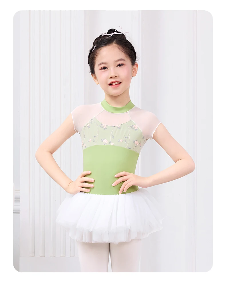 Kinder Stehen Kragen Mesh Splice Dance Trikot Stickerei Kurzen Ärmeln Nylon Ballett Tragen Mädchen Hohe Stretch Gymnastik Body – Detail 5
