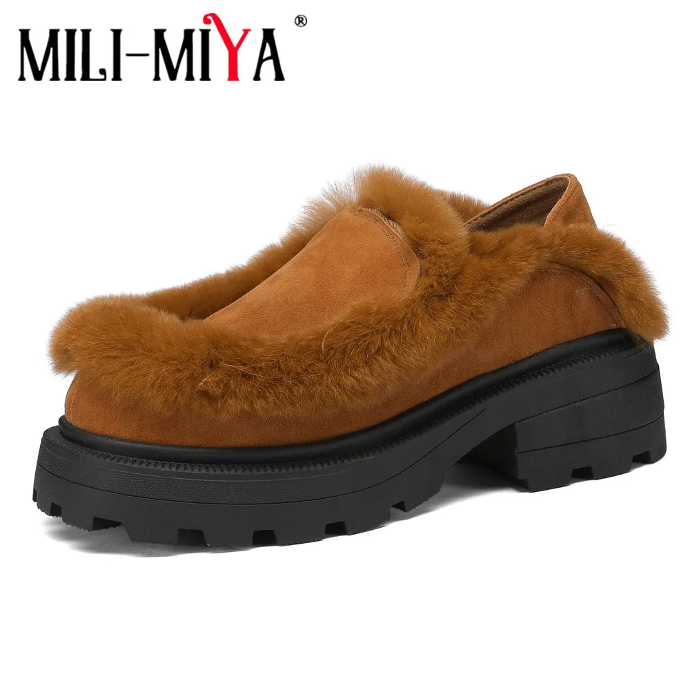 

MILI-MIYA Fashion Rabbit Hair Women Kid Suede Pumps Round Toe Thick Heels Platform Slip On Plus Size 35-41 Casual Street Shoes
