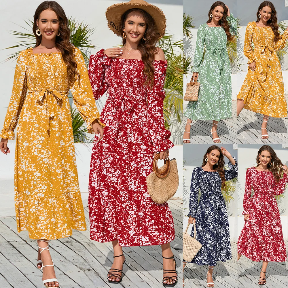

Women Long Dress Slim Flared Long Sleeve Strapless Dress