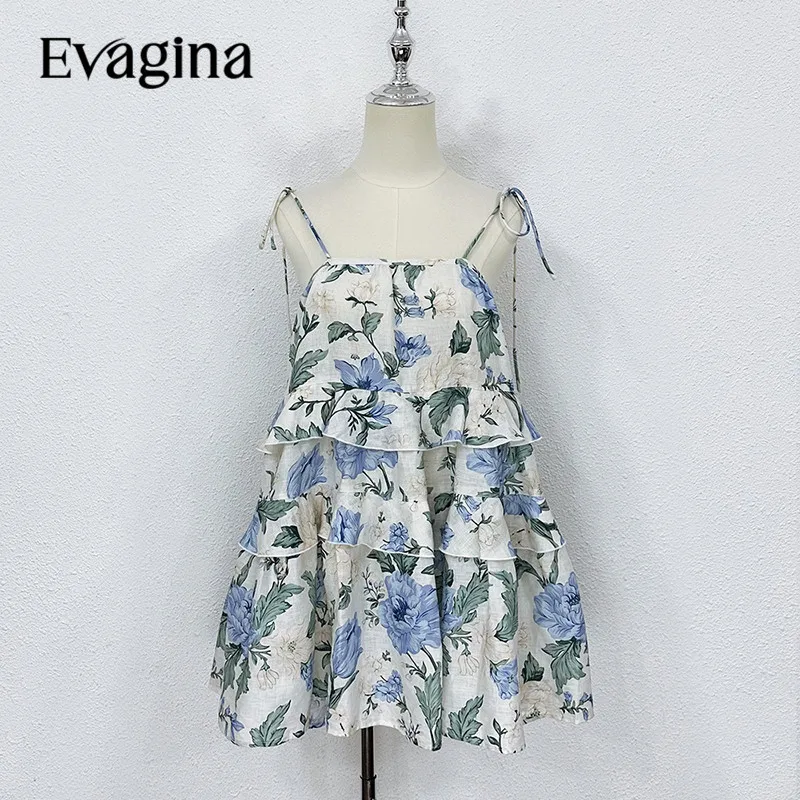 

Evagina New Fashion Designer Casual Dress Women's Sleeveless Blue Rose Printing Ruffles Tiered Vacation Suspender Dress