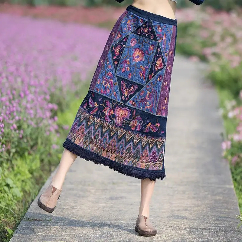 2023 summer autumn Chinese style women vintage harajuku hanfu skirt cotton linen heavy embroidered A-line skirt travel skirt