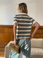 Sumuyoo Women's Retro Striped Polo T-Shirt Loose Fit Short Sleeve Casual Knitted Shirt Fashionable Summer Top for Ladies - Image 4