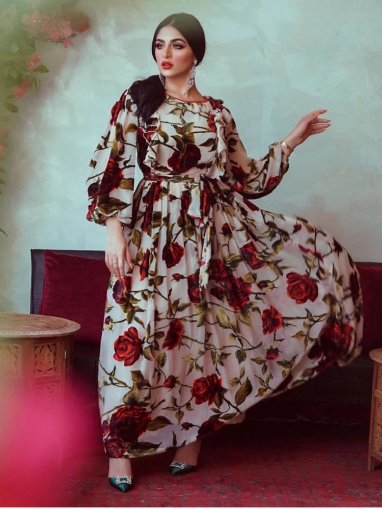 

Summer Dubai Muslim Abaya Dress Jalabiya Floral Musulman Islamic Women Lace-up Pakistan Moroccan Kaftan Arab Robe Party Drsses