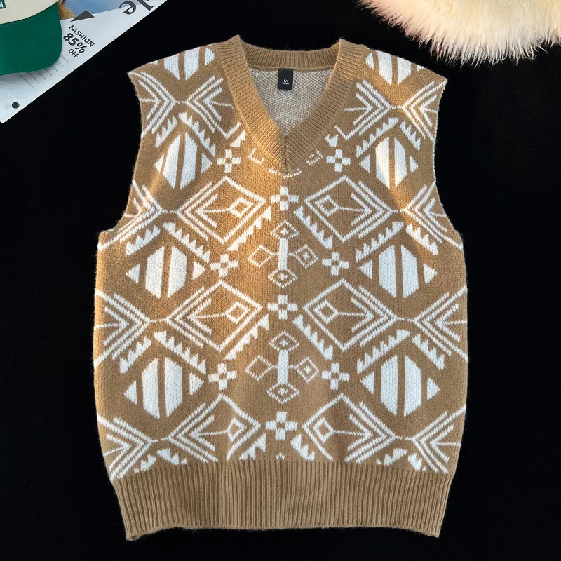 Fashion College Style Sweater Vest Men's V-neck Japanese Retro Knitted Sweater Daily Sleeveless Simple Jacquard Design