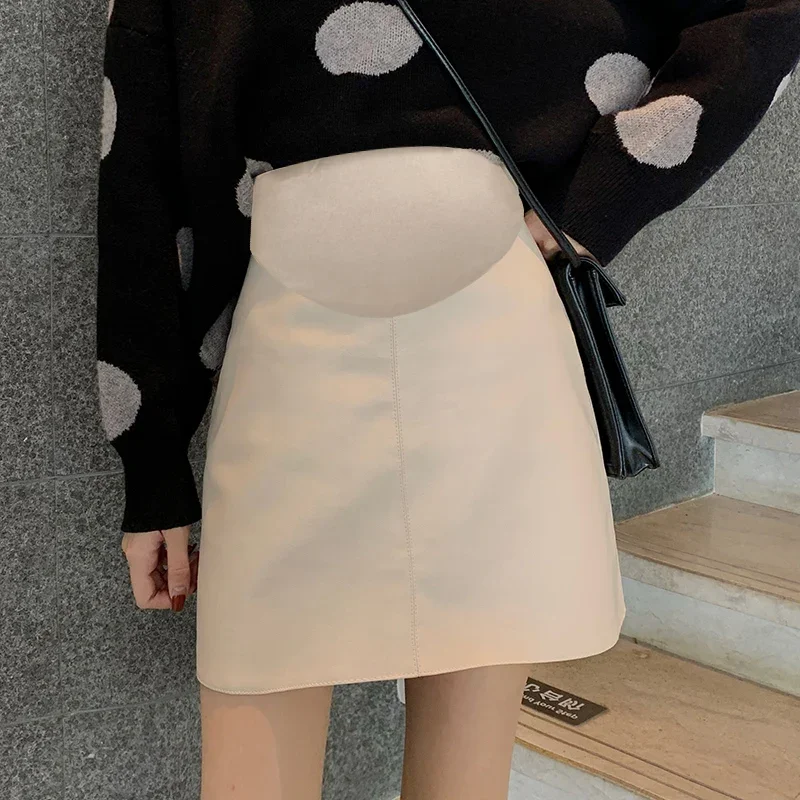 Pretty Maternity Autumn Skirts Vintage High Waist Pregnant Woman Slim Belly Skirts Elegant Pregnancy A-line Pu Leather Skirt