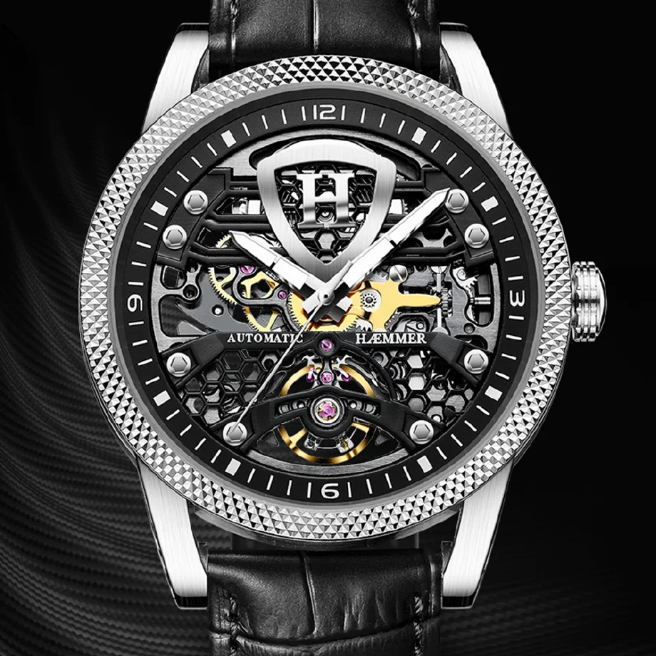 

Luxury Skeleton Watches Automatic Top Brand Men's Mechanical Watch Man Fashion 43mm Stainless Steel Luminous Wristwatch HAEMMER