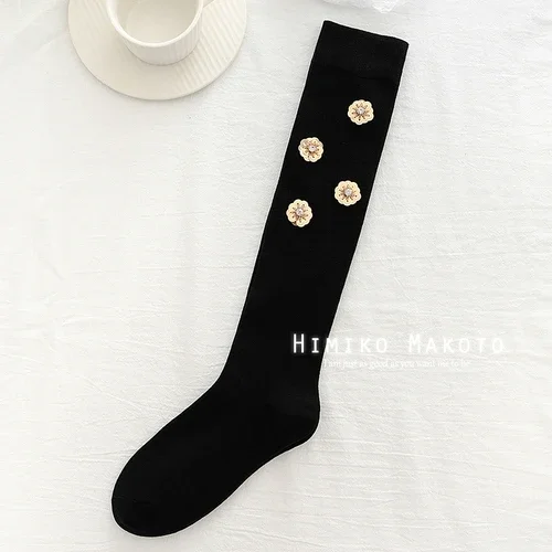 Big Bow Cotton Calf Socks Flower Sequins Black White Knee Length Socks Korean Thigh High Long Socks Students JK Lolita Stocking