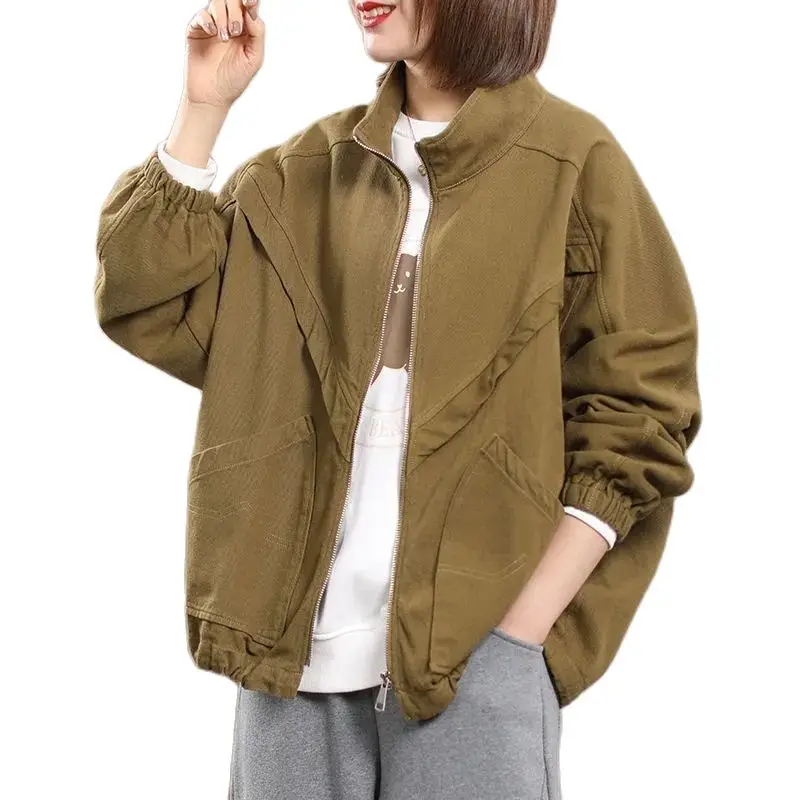 Solid Color Short Cotton Jacket Women's Spring Autumn 2022Korean Loose Shirt Thin Black Stand-Up Collar Trench Women Zipper Top