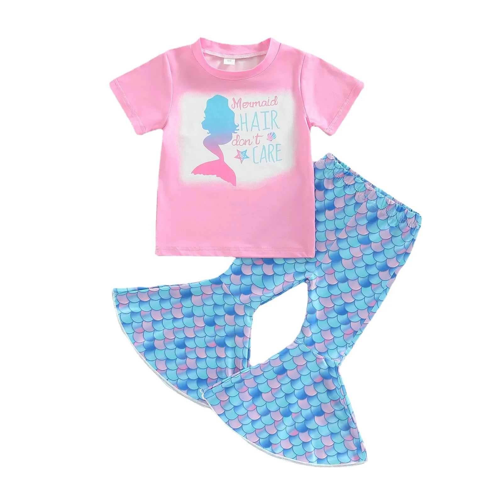 

Disney 2023 Spring Summer Children's Sets Girls Cartoon Mermaid Ariel Print Short Sleeves T-shirt+Bell-bottoms Two-piece Suit