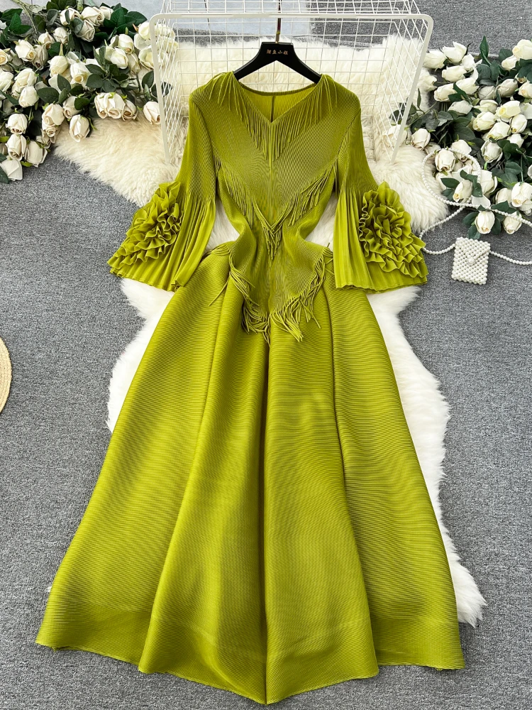 

FTLZZ Spring Summer Women Elegant V-neck Tassel Ruffled Pleated Dress Casual Lady Loose Solid Color Long Dress