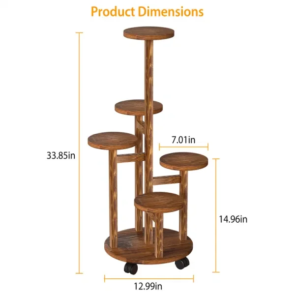 5 Tier Plant Stand with 4 Detachable Wheels Wooden Plant Pot Rolling Shelf Display Rack for Indoor Outdoor Decoration