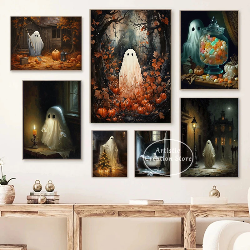 Fantasma Con Candela Poster Halloween Candy Pumpkin Vintage Ghost Haunting Canvas Painting Stampe Immagini A Parete Camera Da Letto Home Decor