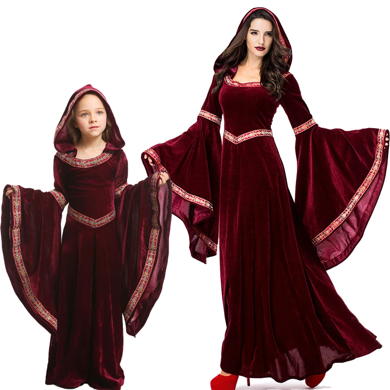 

Женский и детский костюм принцессы средневекового возрождения, королевы, платье с капюшоном, халат, Макси-платье, платье, рукава, костюм вампира, Хэллоуин