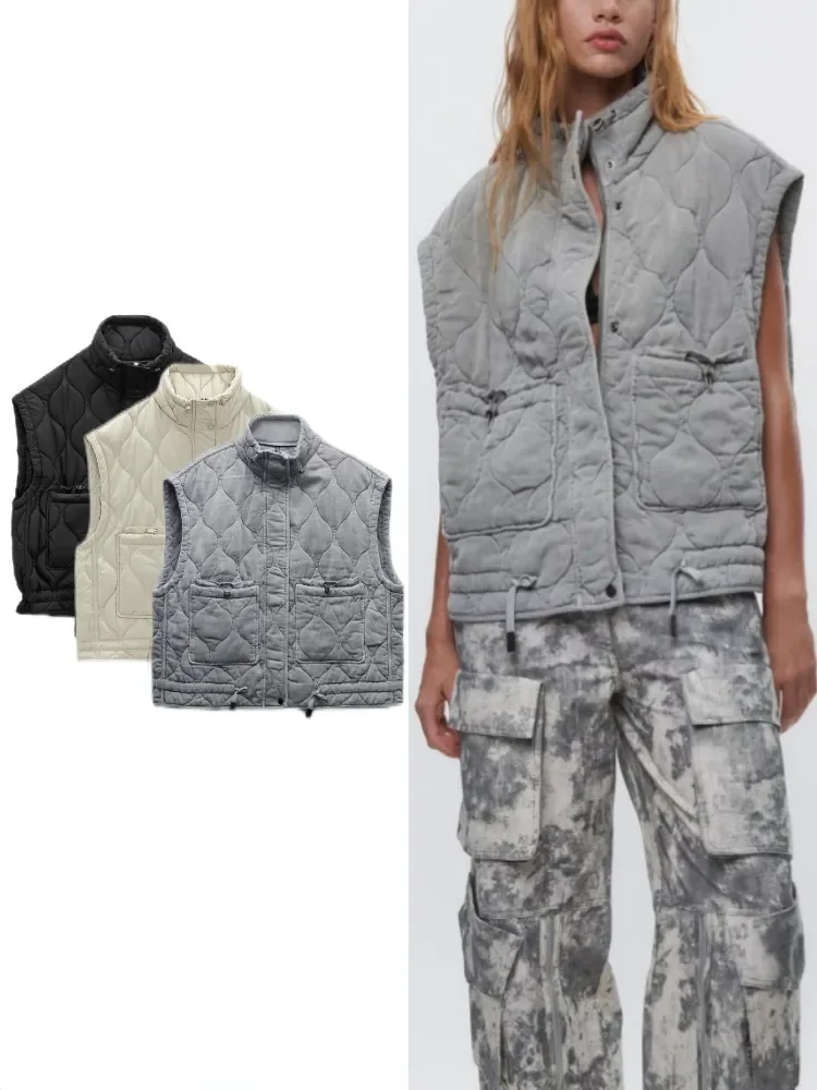 ZBZA Women s Autumn New Patch Pocket Stand up Collar Sleeveless Padded Vest Coat Warm Cotton