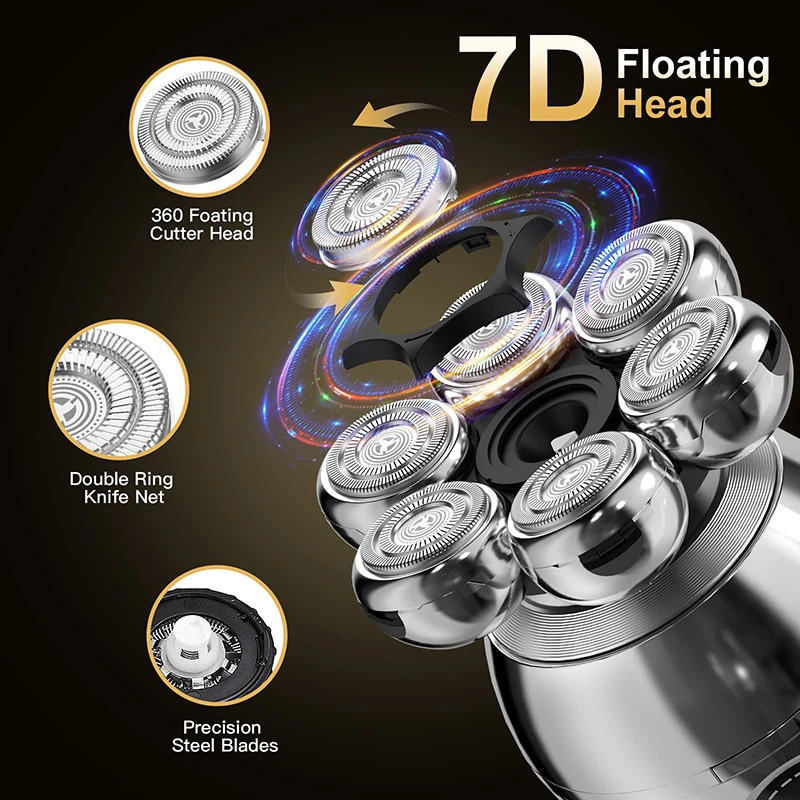 7D Floating Head Men's Electric Shaver USB Charging Dock LCD Waterproof Portable Nose Hair Trimmer Bald Razor Machine Shaving