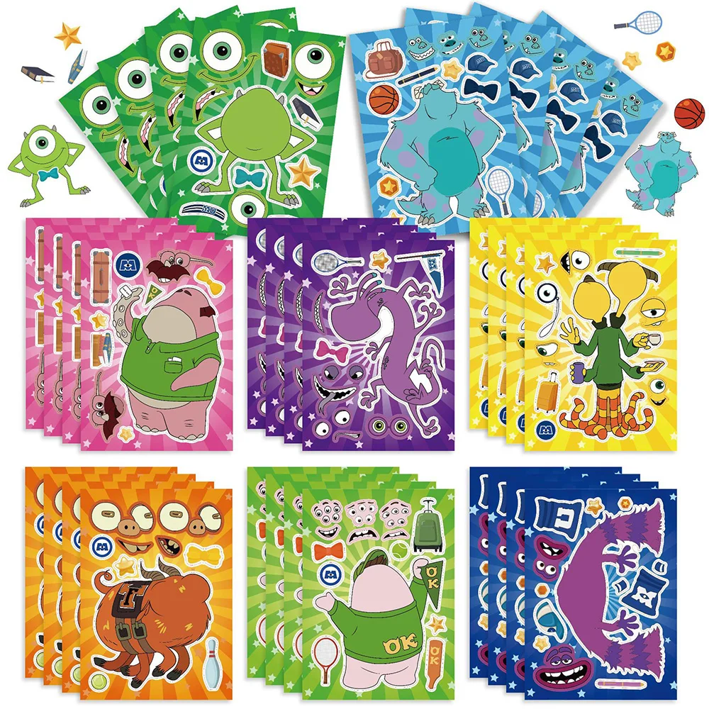 8/16Sheets Disney Monsters University Puzzle Stickers DIY Make-a-Face Monsters Inc Kids Assemble Jigsaw Game For Boys Party Toy disney monsters university headbands girls sequins sulley hairband women bow mike hair accessories kid pixar headwear party gift