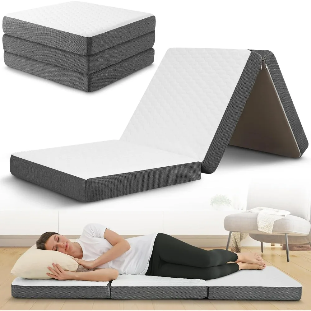 Tri-Fold Memory Foam Mattress, 4 Inch Foldable Mattress with Washable Cover, Portable Non-Slip Bottom Camping Floor Mattress