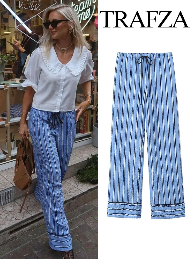 

TRAFZA Female New Casual Crinkle Decoration Striped Wide Leg Pants Woman Summer Street Lace Up Elastic Waist Loose Trousers