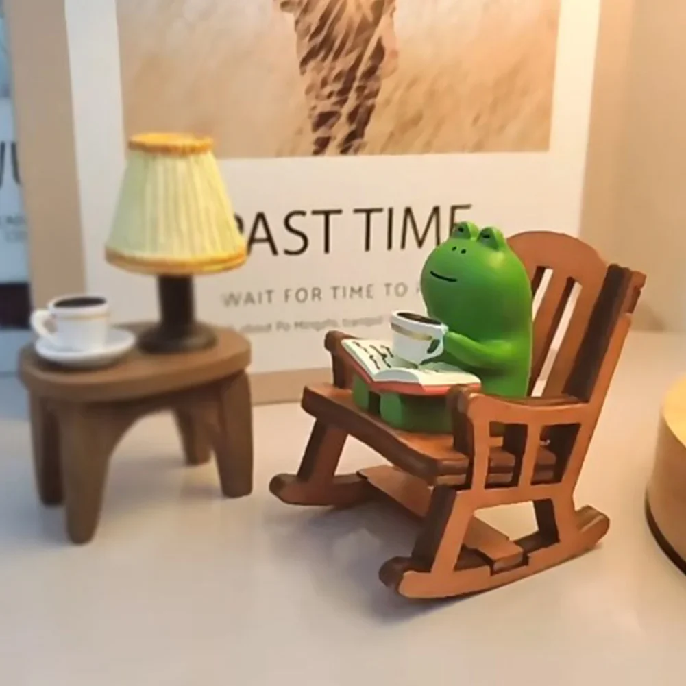 Adorable Mini Frog Resin Figurine in Rocking Chair Design with Book and Coffee Cup Decor