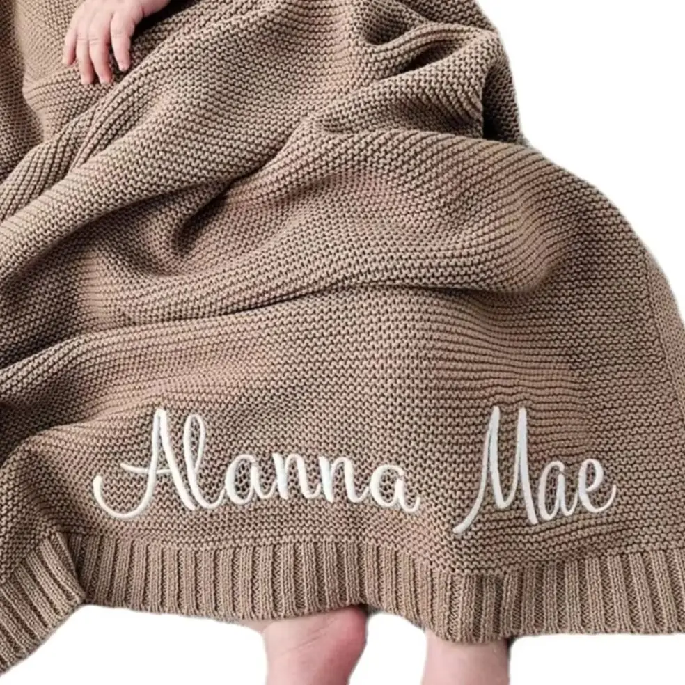 Personalized Baby Blanket Name Knited cotton Embroidery name Newborn kids girls boys gifts