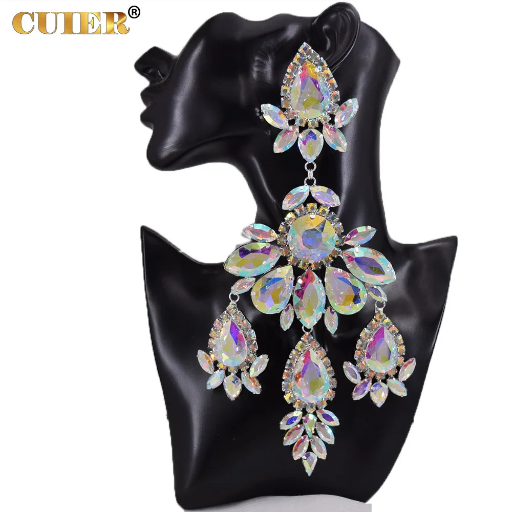 Cuier Crystal Ab Clip On Earrings For Drag Queen Huge Size Drop Pendant