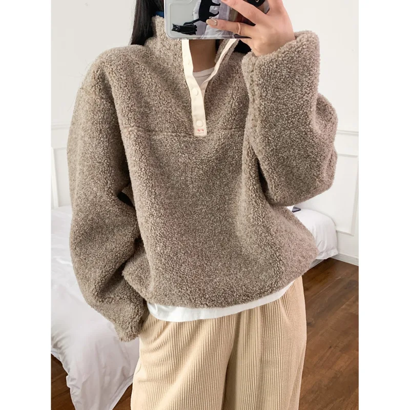 

Winter Lamb Wool Zipper Sweatshirts women Stand Collar Button placket Thickened Warm Pullovers Plush Coat