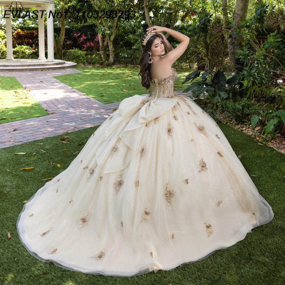 EVLAST Beige Ball Gown Quinceanera Dress Butterflies Applique Beading Bow Sweet 16 Party Vestidos De 15 Anos E1Q695
