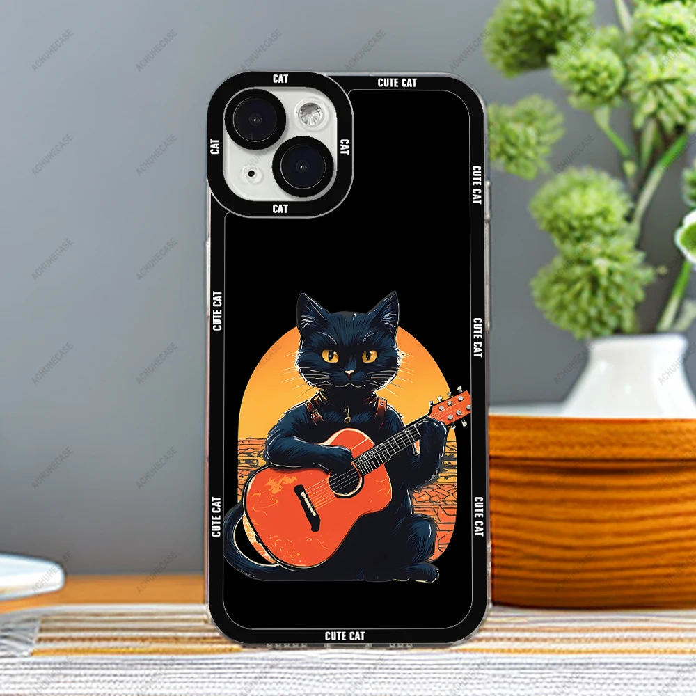 thumbnail image 1 of Guitar Cat Phone Case For iPhone 16 Plus 15 14 13 12 Pro Max Mini 11 XS X XR Soft Silicone Cover, 1 of 5