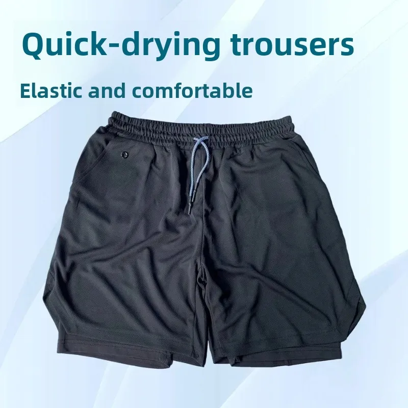 Men's Casual Sports Shorts Summer Mobile Phone Earphone Hole Double Layer Pocket Zipper Leisure Fashion Men's Shorts