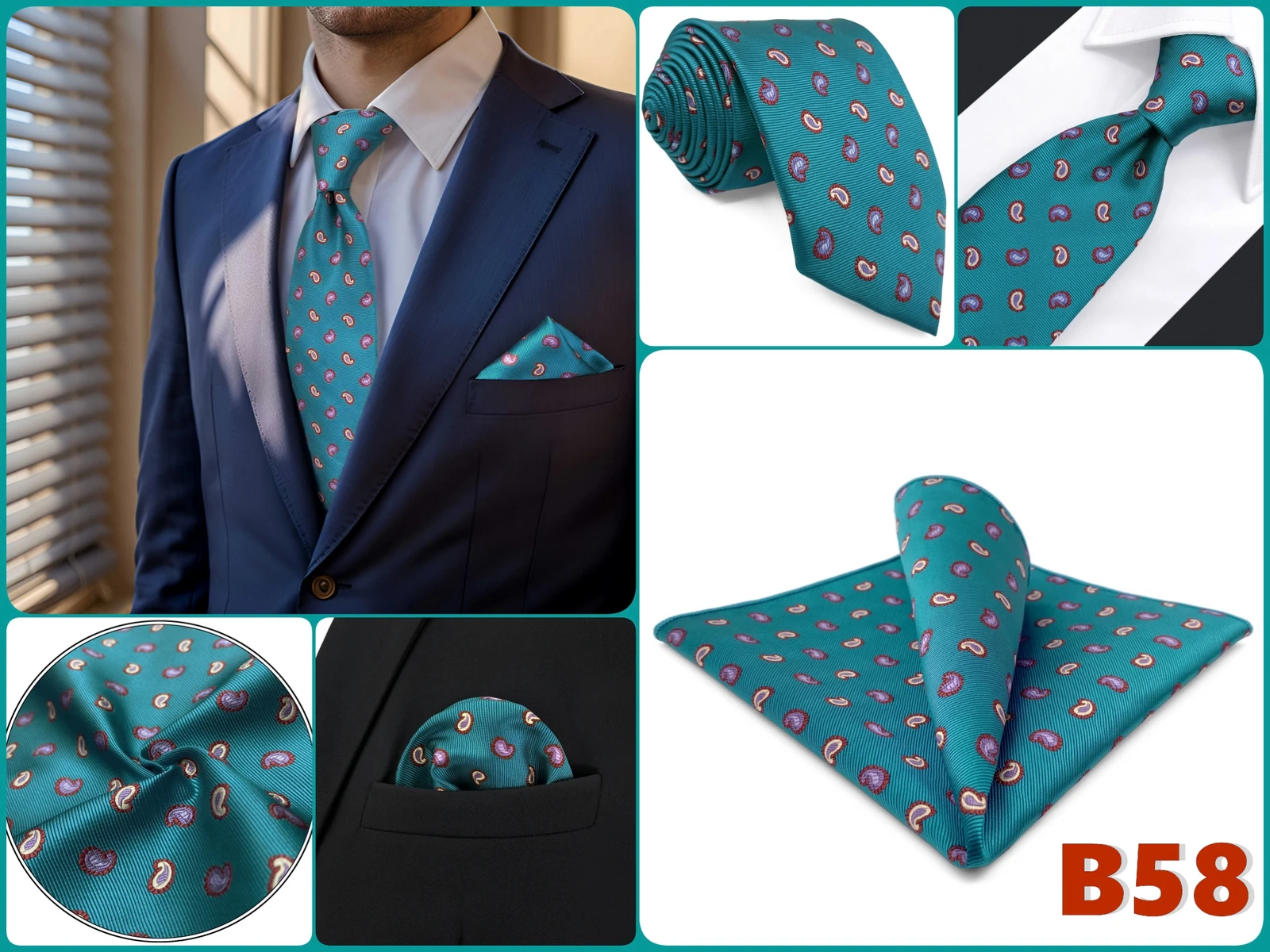 Herren-Krawatten-Set mit Einstecktuch, Blau, Marineblau, Grau, Dunkelgrün, Extra Lang 160cm, Hochzeitsgeschenk, Krawattenzubehör, Dropshipping – Detail 17