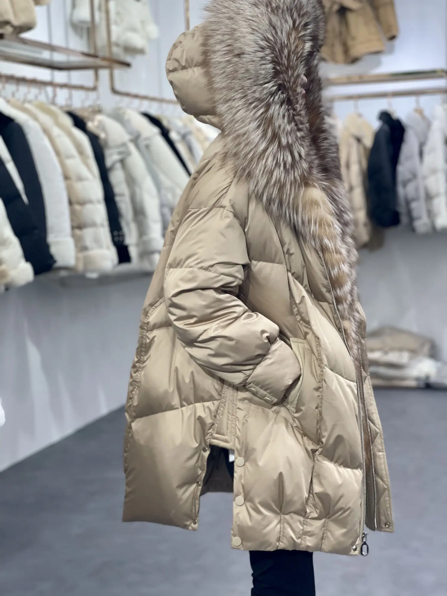 

2023 New Winter Jacket Women White Goose Down Real Natural Fox Fur Collar Hooded Coat Thick Warm Loose Fashion Streetwear