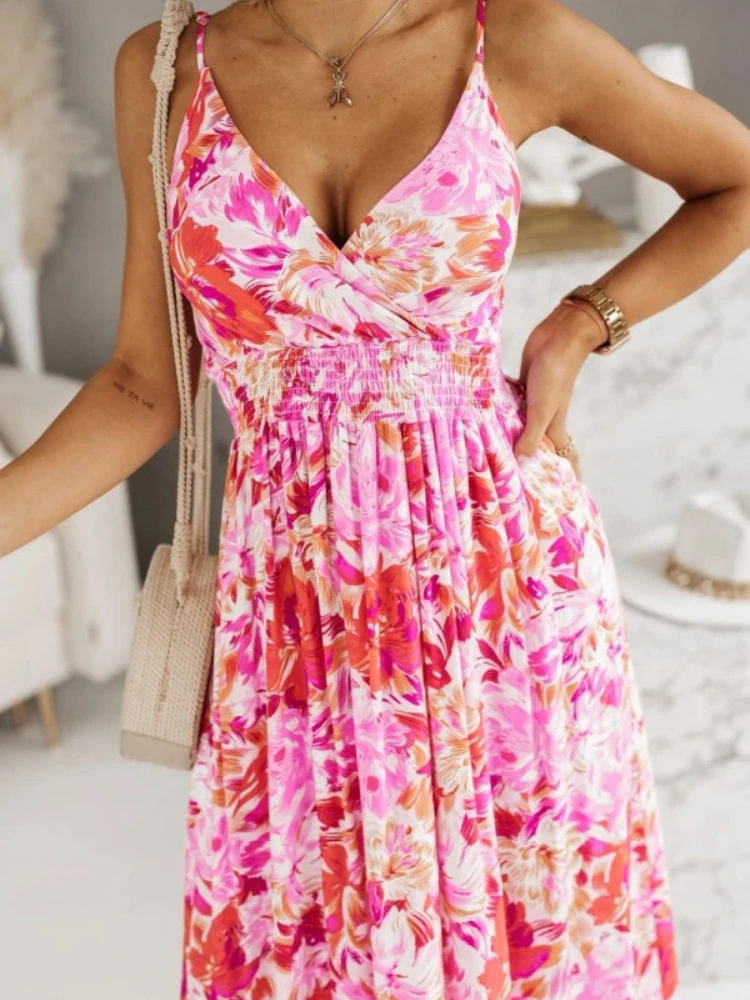 Elegant and Casual New V-neck Printed Women's Suspender Dress for Summer Fashion Women's Clothing