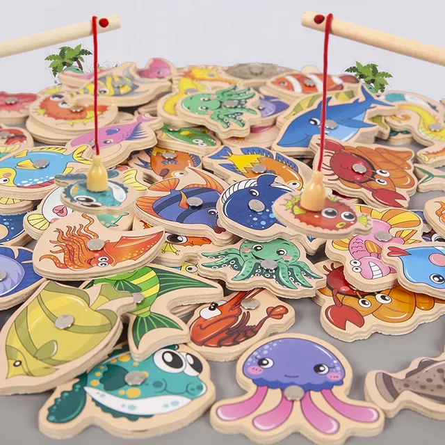 Montessori Wooden Magnetic Fishing Toys For Children Cartoon Marine Life Cognition Fish Games Education Parent-Child Interactive 3