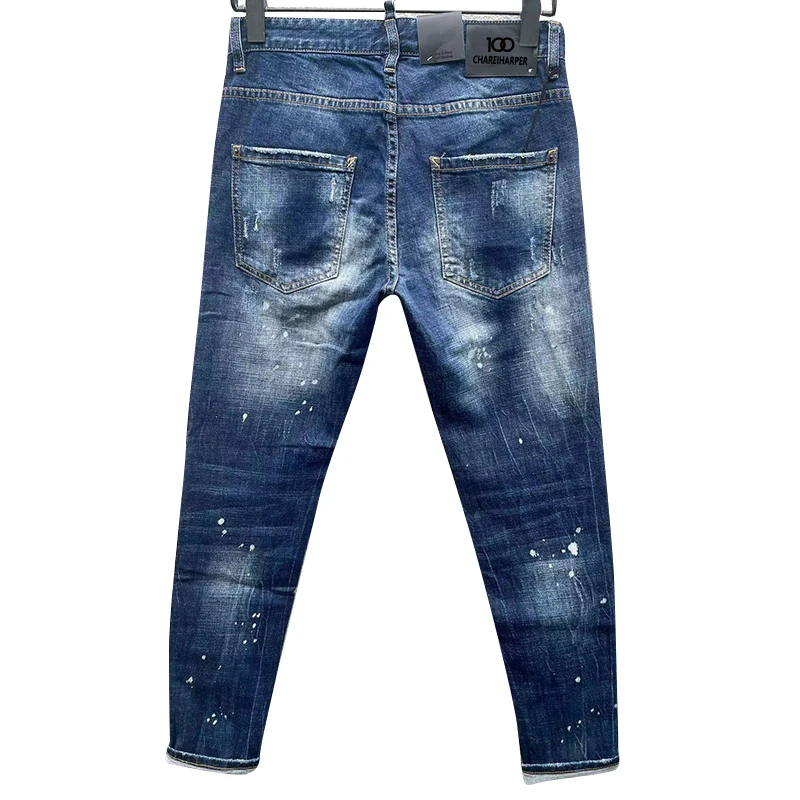 chareiharper dsq 9116 men's skinny Skinny jeans Ripped fabric Stretch Paint Splash black patchwork jeans