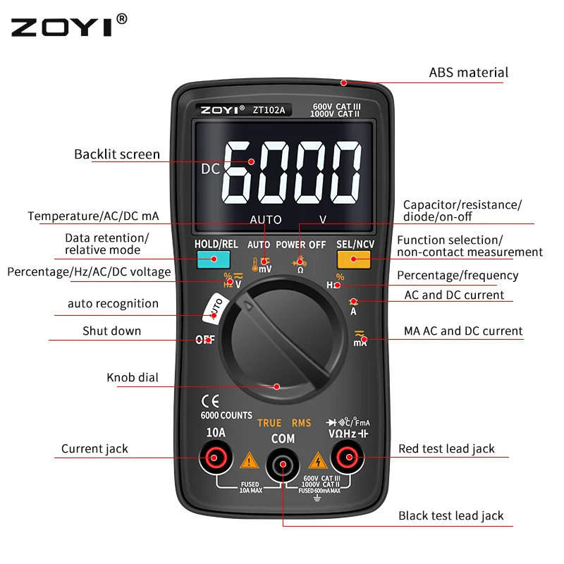 ZOYI Digital Multimeter ZT-98/100/101/102/102A Auto Ranging 6000 counts AC/DC Ammeter Voltmeter Ohm Hz Ture RMS tester Portable 2