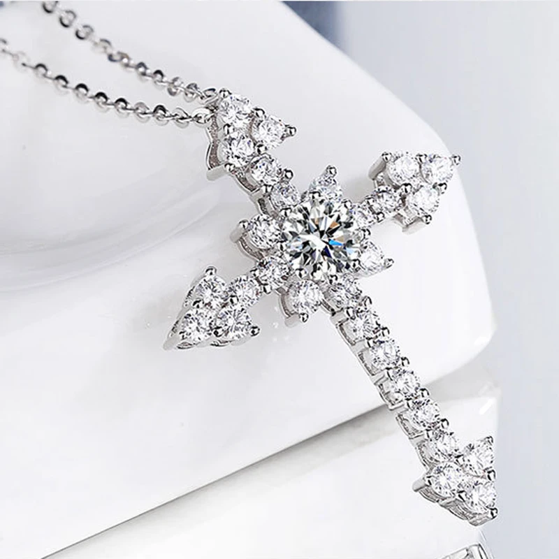 COSYA Real 1 Carat Moissanite Cross Pendant Necklace For Women 100% 925 Sterling Silver D Color Diamond Necklace Fine Jewelry