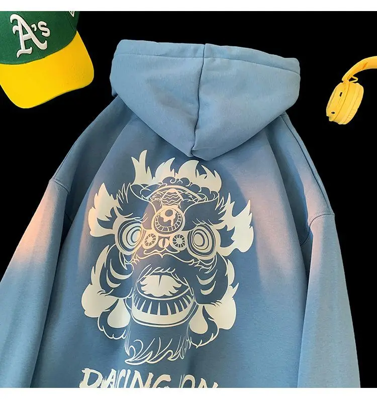 Chinese Style Domineering Lion Head Print Harajuku Hoodie Winter Creative Design Sweatshirts Hoody Pullover Streetwear Women Men