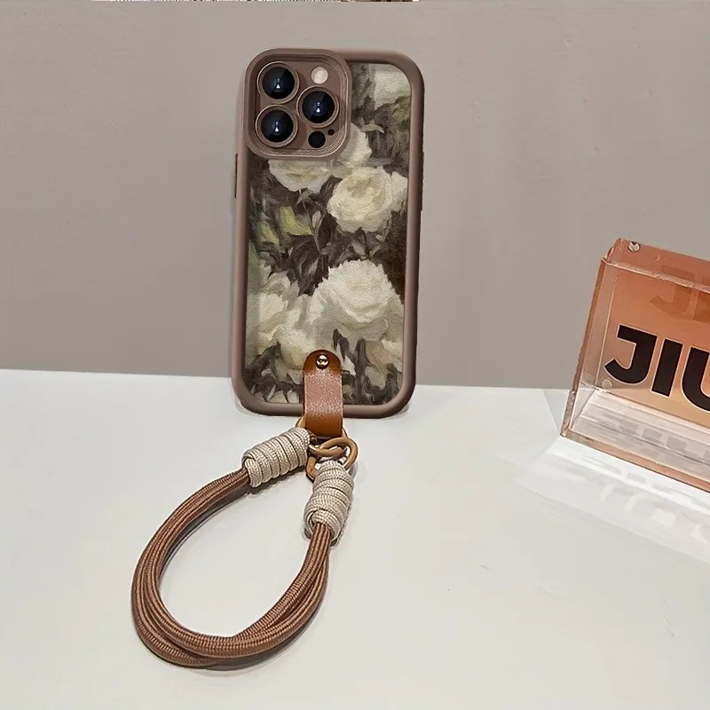 Oil Painting White Rose Hand Strap Phone Case - Soft Cover