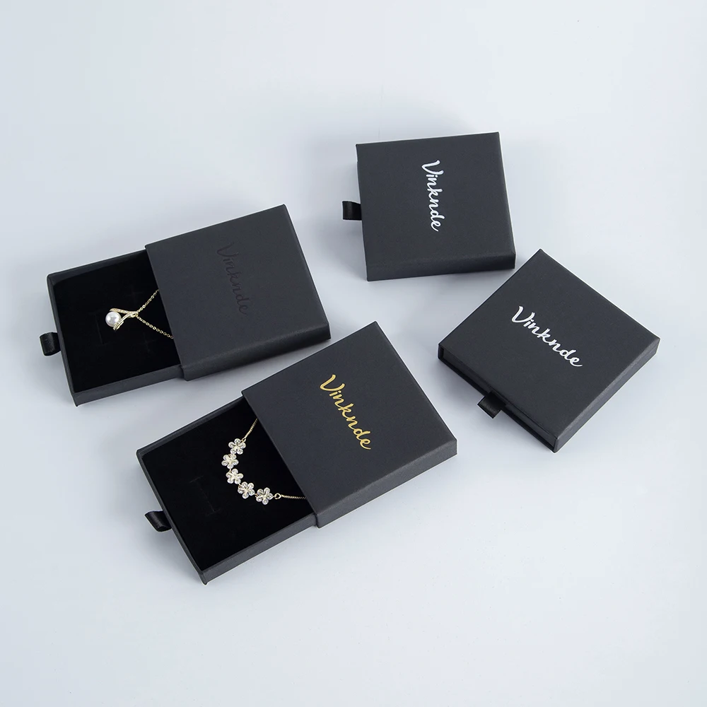 Luxury Black Cardboard Sliding Drawer Jewelry Packaging Boxes 6x6x2.5cm Custom logo Ring Earring Necklace Bracelet Storage Box