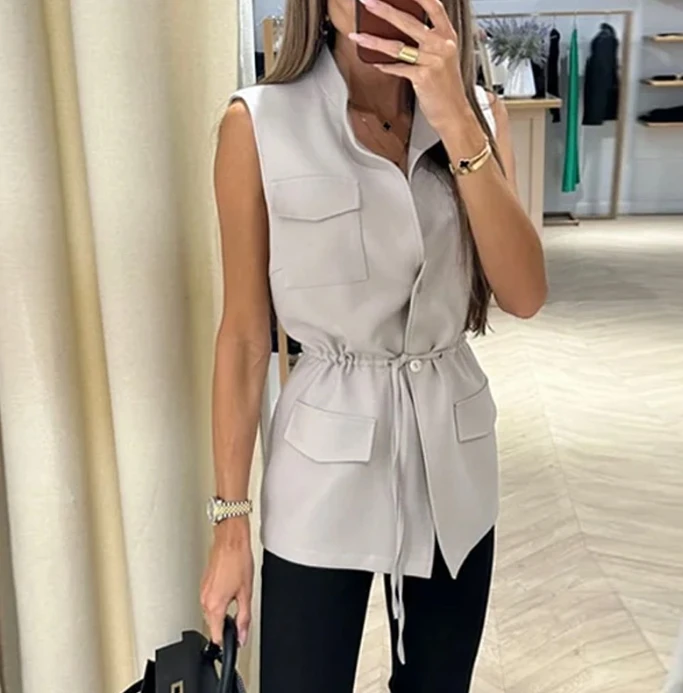 Autumn New 2023 Temperament Commuting Fashion Casual Slimming Fit Lace Up Sleeveless Top and Long Pants Two-Piece Set for Women jumpsuit women 2023 autumn new casual fashion solid color one shoulder sleeveless temperament one piece straight leg pants