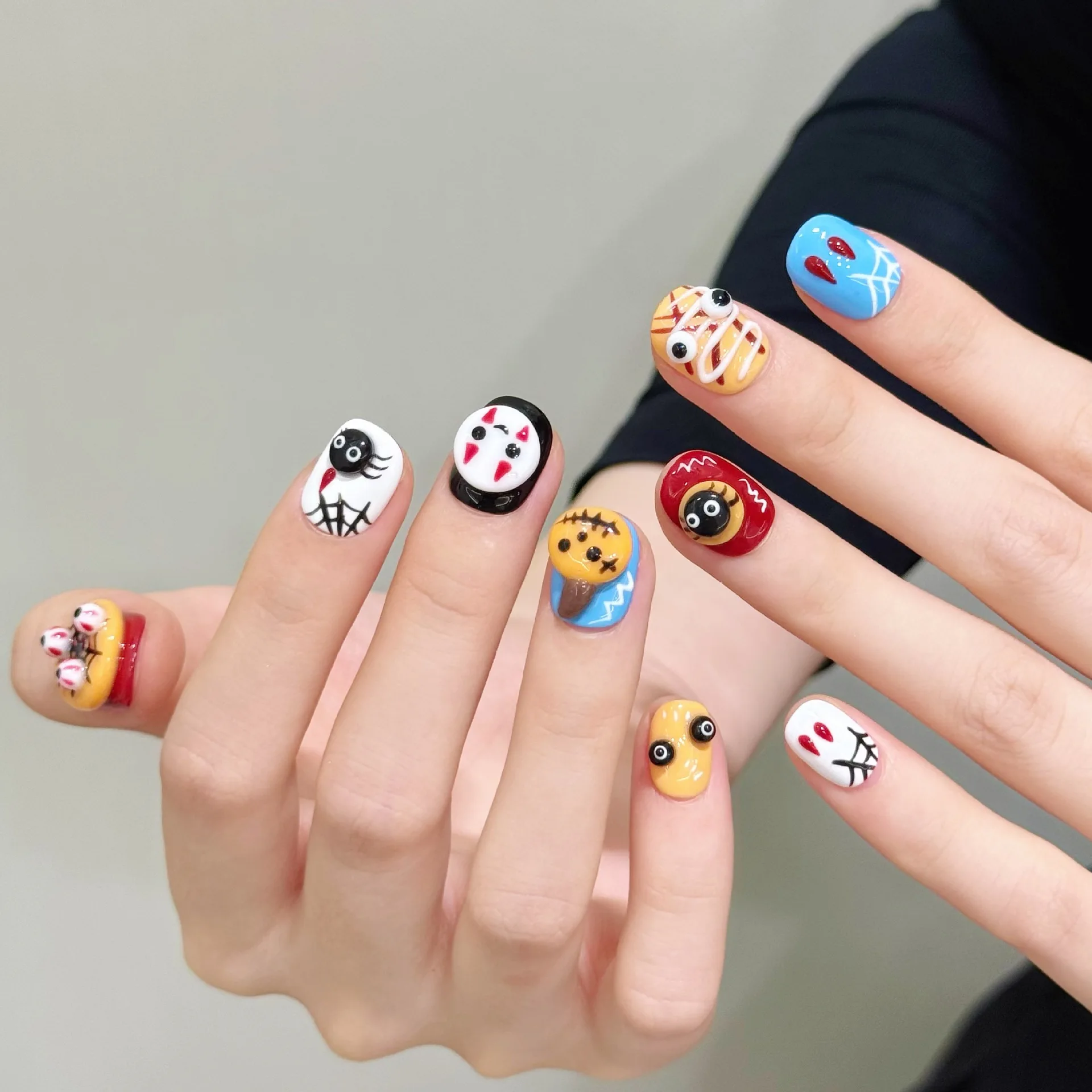 10pcs Short Round Handmade False Nails For Halloween 3D Pumpkin Ghost Spider Decor Press On Nails Sweet Cool Party Fake Nail