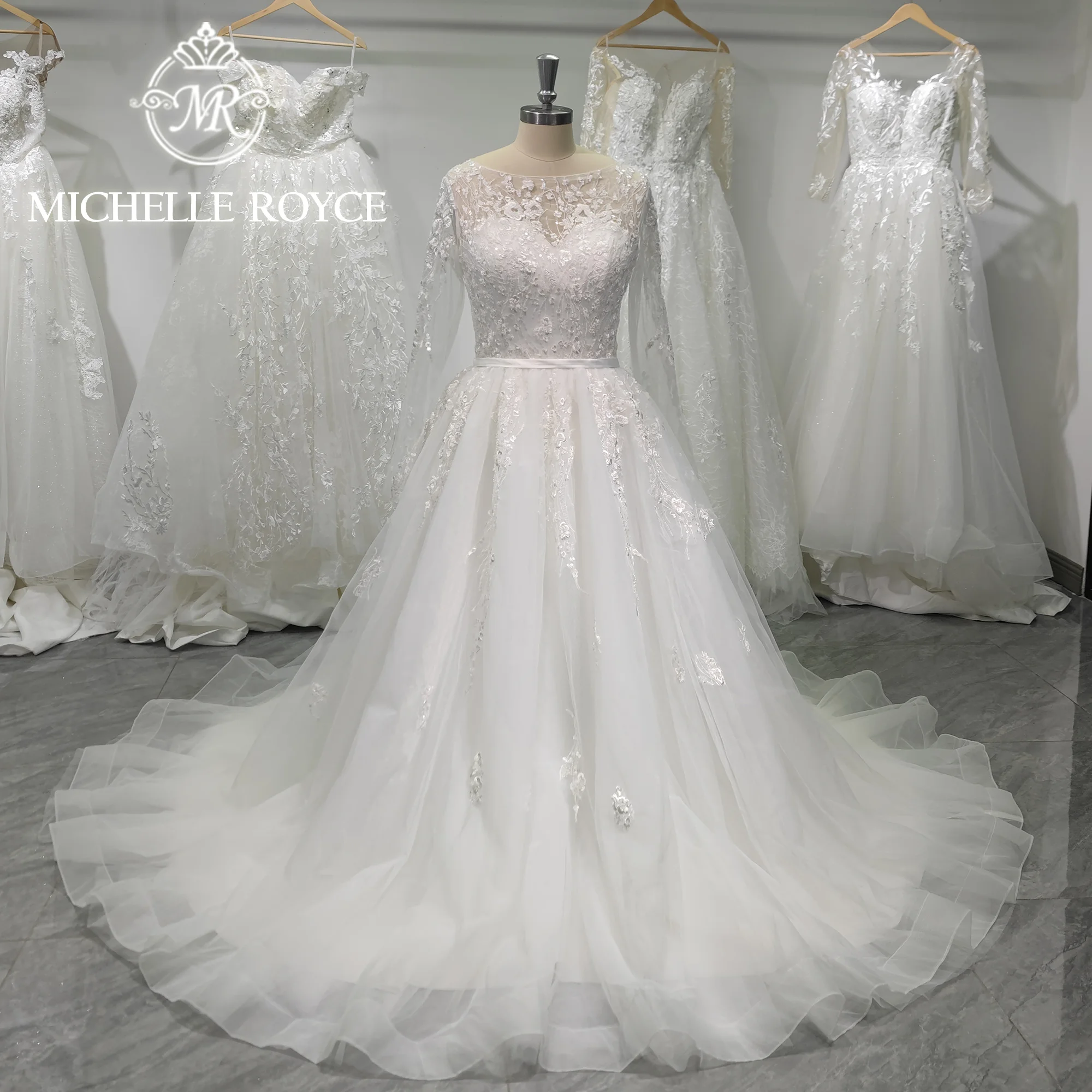 

Michelle Royce A-Line Wedding Dresses For Women 2023 SCOOP Long Sleeve Sequined Appliques Button Wedding Gown Vestidos De Novia