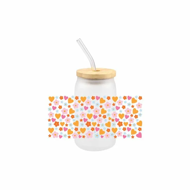 3D Flower UV DTF Transfer Sticker Colorful Waterproof Scratch Libbey Glass Cup 16 OZ Durable Hot Sale